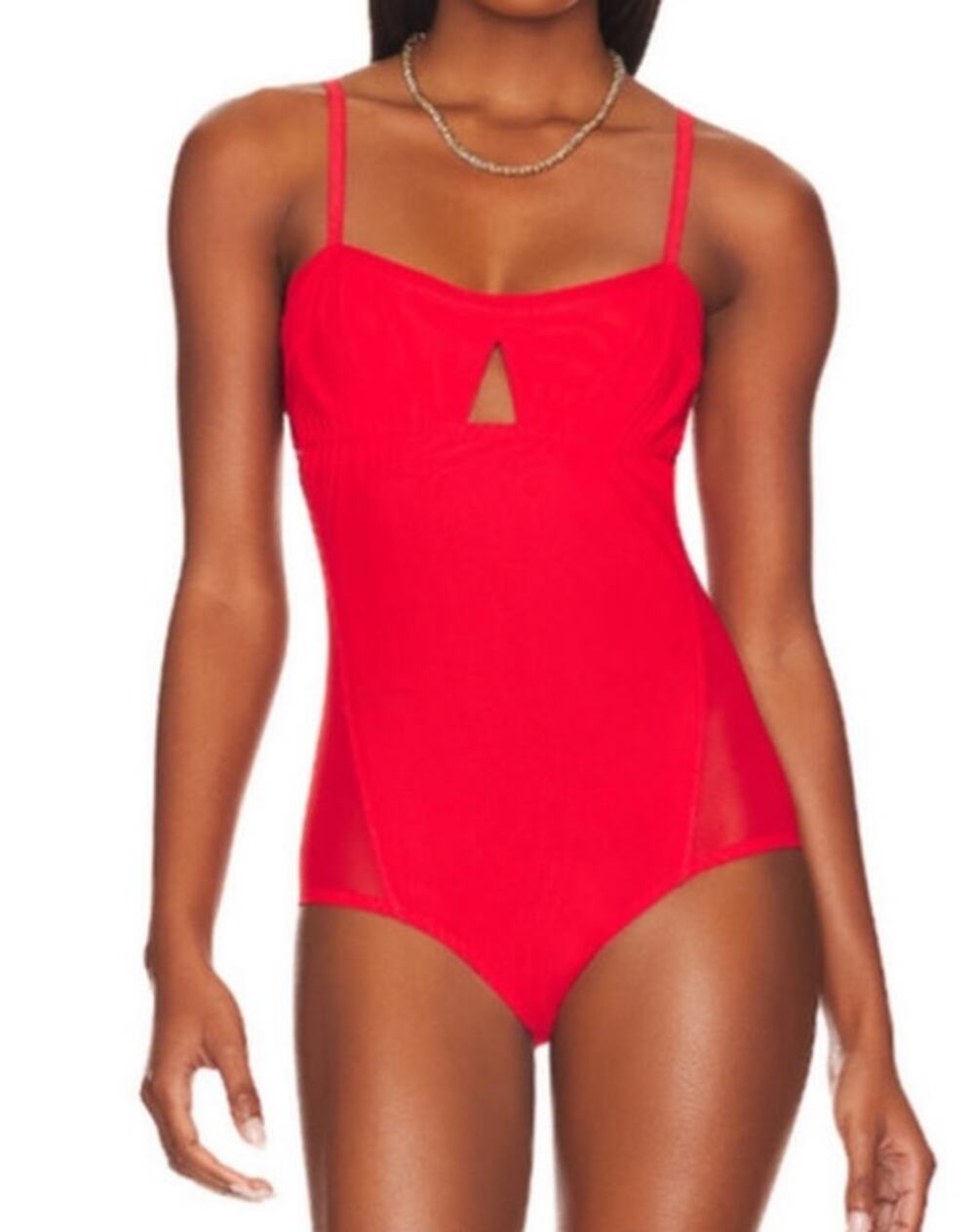 We are HAH under the Wire Mesh Bodysuit in Blood Orange - XS